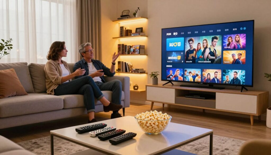 A cozy home entertainment setup featuring a modern living room with a large flat-screen TV displaying a visually appealing IPTV interface. In the foreground, a sleek coffee table holds an array of remote controls and a bowl of popcorn, inviting relaxation. The middle ground showcases a stylish, comfortable couch where two adults in professional casual attire enthusiastically discuss their favorite shows, reflecting a sense of enjoyment and togetherness. Ambient lighting creates a warm, inviting atmosphere, with soft yellow hues illuminating the room. In the background, shelves lined with movies and games enhance the entertainment theme, while curtains partially drawn allow soft natural light to filter in, giving an overall feeling of comfort and accessibility that embodies the concept of unlocking a world of adult IPTV content.
