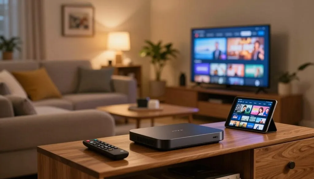 A cozy home entertainment setup featuring an IPTV streaming device connected to a flat-screen television. In the foreground, a sleek modern IPTV box sits on a stylish wooden TV stand, surrounded by remote controls and a tablet displaying streaming options. In the middle, a comfortable couch with soft cushions invites viewers to relax. The background showcases a softly lit living room with ambient lighting and decorative elements, like framed art and indoor plants, creating a warm and inviting atmosphere. The lighting is warm and dim, enhancing the homey feel. The camera angle is slightly elevated, capturing the scene from a viewer's perspective, emphasizing a welcoming, laid-back mood perfect for enjoying content. A cozy home entertainment setup featuring an IPTV streaming device connected to a flat-screen television. In the foreground, a sleek modern IPTV box sits on a stylish wooden TV stand, surrounded by remote controls and a tablet displaying streaming options. In the middle, a comfortable couch with soft cushions invites viewers to relax. The background showcases a softly lit living room with ambient lighting and decorative elements, like framed art and indoor plants, creating a warm and inviting atmosphere. The lighting is warm and dim, enhancing the homey feel. The camera angle is slightly elevated, capturing the scene from a viewer's perspective, emphasizing a welcoming, laid-back mood perfect for enjoying content.