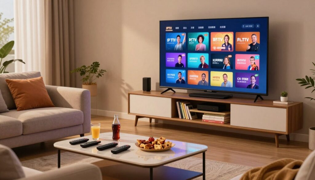 A cozy living room featuring a large flat-screen television displaying vibrant, colorful IPTV interface options. In the foreground, a stylish coffee table holds various remote controls, snacks, and drinks, creating an inviting atmosphere. A comfortable sofa, adorned with plush cushions, invites relaxation. The middle ground features an elegant entertainment unit showcasing streaming devices and neatly organized books, conveying a sense of modern leisure. In the background, soft ambient lighting highlights the warm colors of the room, suggesting a welcoming and enjoyable space for entertainment. The scene captures a mood of comfort and excitement, emphasizing the variety of entertainment available through IPTV services while maintaining a professional and safe atmosphere.