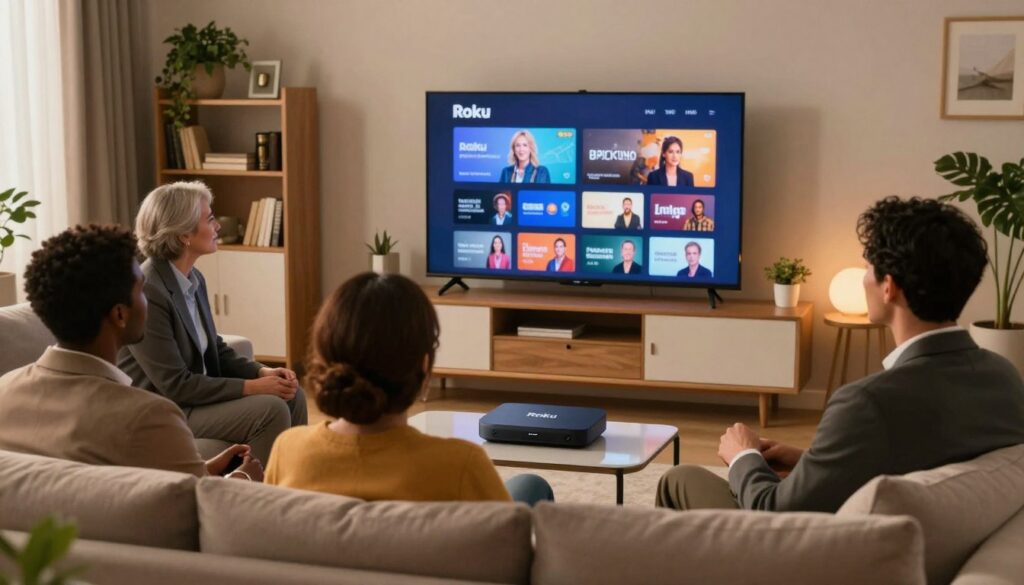 A cozy living room interior featuring a modern Roku device prominently displayed on a sleek media console. In the foreground, a group of four diverse adults, dressed in professional business attire, are seated comfortably on a plush couch, intently watching a TV screen. The ambiance is warm and inviting, with soft, ambient lighting that creates a relaxed atmosphere. In the middle-ground, a wall-mounted television shows a graphical interface of Roku adult channels with various content icons visible, reflecting a curated selection of entertainment options. The background includes tasteful decor, such as bookshelves and potted plants, adding to the homey feel. The composition conveys a sense of community and enjoyment of streaming media in a safe, respectful environment. A cozy living room interior featuring a modern Roku device prominently displayed on a sleek media console. In the foreground, a group of four diverse adults, dressed in professional business attire, are seated comfortably on a plush couch, intently watching a TV screen. The ambiance is warm and inviting, with soft, ambient lighting that creates a relaxed atmosphere. In the middle-ground, a wall-mounted television shows a graphical interface of Roku adult channels with various content icons visible, reflecting a curated selection of entertainment options. The background includes tasteful decor, such as bookshelves and potted plants, adding to the homey feel. The composition conveys a sense of community and enjoyment of streaming media in a safe, respectful environment.