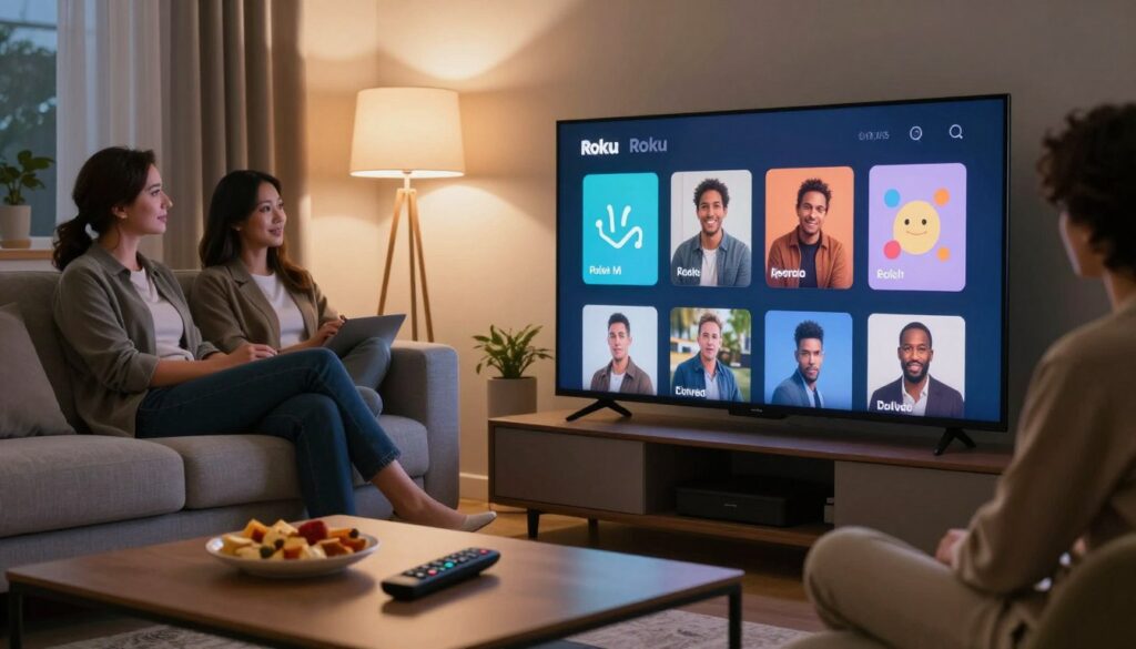 A cozy living room setting featuring a modern television displaying a user-friendly Roku interface, showcasing various channel icons, including playful abstract graphics representing adult-themed content, all in a discreet and safe manner. In the foreground, a coffee table is adorned with a remote control and snacks, hinting at a casual movie night ambiance. The middle ground includes a stylish couch with two adults in professional casual attire, seated comfortably and engaged with the TV, projecting relaxed and inviting vibes. The background features soft, warm lighting from a floor lamp, enhancing the inviting evening atmosphere, while neutral tones and tasteful decor complete the scene to evoke a sense of privacy and comfort in enjoying entertainment at home.