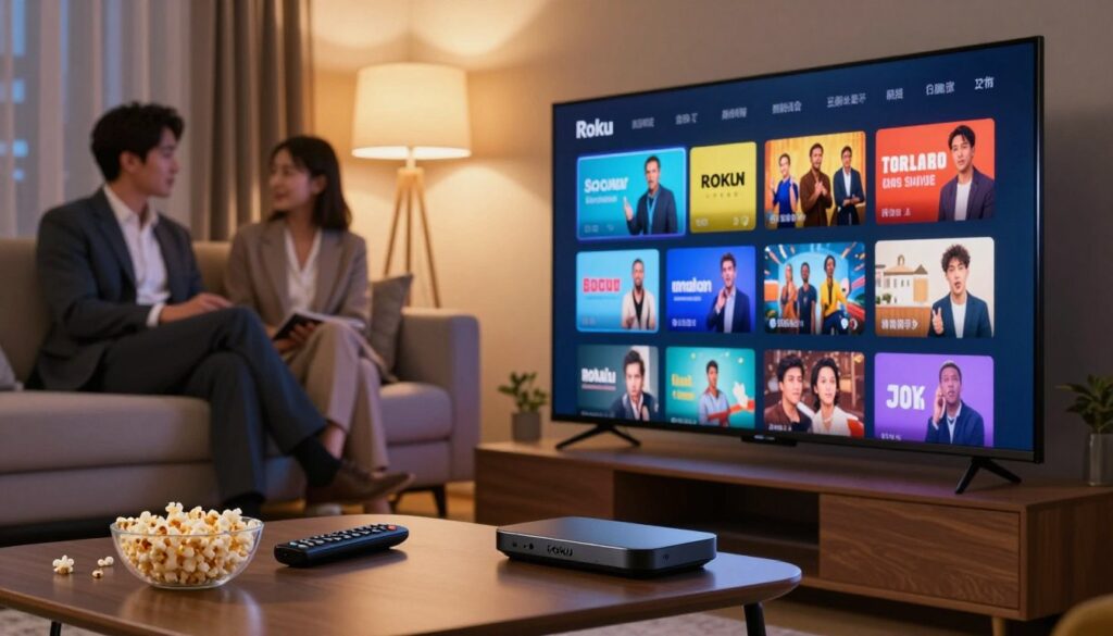 A cozy living room setting featuring a stylish Roku device connected to a large flat-screen TV, showing an array of colorful streaming content options on the screen. In the foreground, a sleek coffee table adorned with a remote control and popcorn, hinting at a casual movie night atmosphere. The middle ground showcases a couple in professional business attire, comfortably seated on a plush sofa, engaged in conversation and enjoying their viewing experience. The background is softly illuminated with warm lighting from a floor lamp, creating an inviting ambiance. The scene is captured with a slight angled perspective to emphasize the interactive nature of streaming content, with a focus on the Roku interface displaying diverse adult content options in a tasteful and professional manner. A cozy living room setting featuring a stylish Roku device connected to a large flat-screen TV, showing an array of colorful streaming content options on the screen. In the foreground, a sleek coffee table adorned with a remote control and popcorn, hinting at a casual movie night atmosphere. The middle ground showcases a couple in professional business attire, comfortably seated on a plush sofa, engaged in conversation and enjoying their viewing experience. The background is softly illuminated with warm lighting from a floor lamp, creating an inviting ambiance. The scene is captured with a slight angled perspective to emphasize the interactive nature of streaming content, with a focus on the Roku interface displaying diverse adult content options in a tasteful and professional manner.