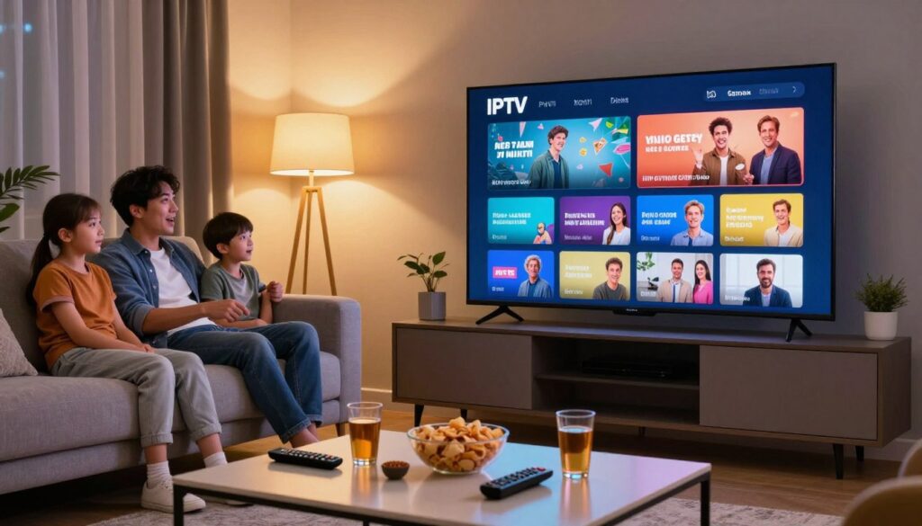 A cozy living room setting focused on a large flat-screen TV displaying a vibrant IPTV interface showcasing German channels. In the foreground, a sleek coffee table holds snacks and drinks, with a remote control casually situated amidst them. In the middle ground, a family of four—dressed in smart casual attire—sits comfortably on a modern sofa, their faces lit with excitement as they engage with the TV content. The background features soft ambient lighting, with warm hues emanating from stylish lamps. The atmosphere is inviting and cheerful, with a sense of shared enjoyment and family bonding over quality entertainment. The image captures the essence of modern IPTV experiences in a German household. A cozy living room setting focused on a large flat-screen TV displaying a vibrant IPTV interface showcasing German channels. In the foreground, a sleek coffee table holds snacks and drinks, with a remote control casually situated amidst them. In the middle ground, a family of four—dressed in smart casual attire—sits comfortably on a modern sofa, their faces lit with excitement as they engage with the TV content. The background features soft ambient lighting, with warm hues emanating from stylish lamps. The atmosphere is inviting and cheerful, with a sense of shared enjoyment and family bonding over quality entertainment. The image captures the essence of modern IPTV experiences in a German household.