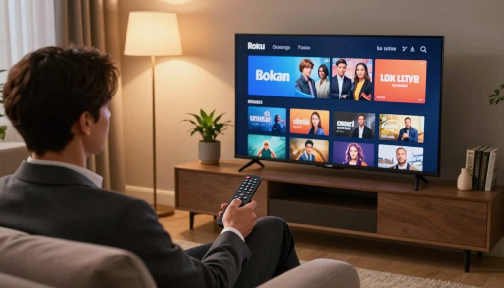 A cozy living room setting with a large, modern Roku TV displaying a streaming interface with various icons representing adult content platforms. In the foreground, a person in professional business attire sits comfortably on a plush sofa, intently navigating the Roku remote, with a focused expression on their face. A warm, inviting glow from a floor lamp illuminates the scene, casting soft shadows. The middle background shows tasteful decorations, such as plants and bookshelves, creating a homely feel. The mood is relaxed yet intentional, emphasizing the ease of accessing diverse content on the device. The angle is slightly elevated, capturing both the person and the TV screen clearly in a well-composed frame.