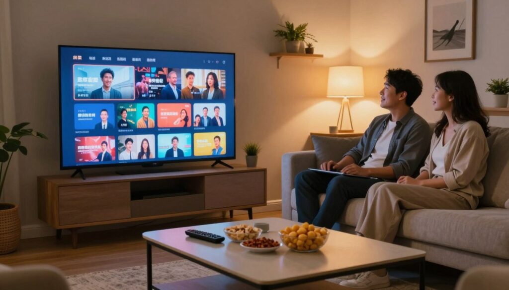 A cozy living room setting with a modern flat-screen TV prominently displaying vibrant live TV streaming content, showcasing a variety of channels and genres. In the foreground, a stylish coffee table with snacks and a remote control. In the middle ground, a soft, comfortable couch with a couple of adults in professional casual attire, engaged and watching the screen with expressions of enjoyment. The background features warm ambient lighting that creates an inviting atmosphere, with subtle decorative elements like plants and artwork. The scene is captured from a slightly elevated angle to provide a clear view of the TV while maintaining a sense of intimacy, evoking a feeling of relaxation and connection in the comfort of home.