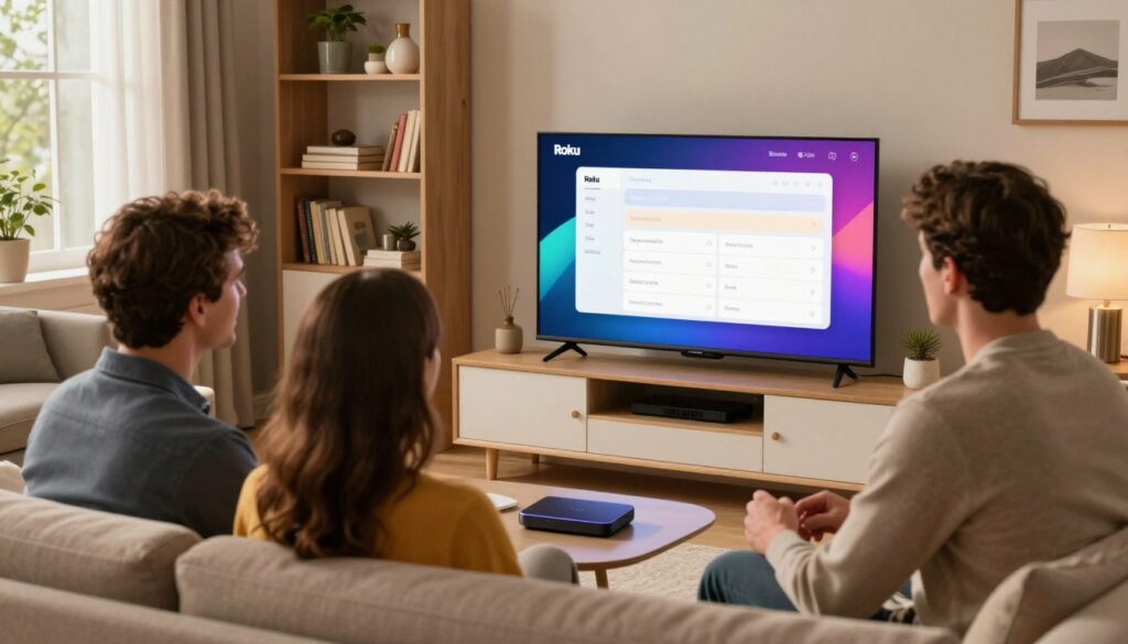 A cozy living room setting with a prominent Roku device displayed on a modern TV stand. In the foreground, a well-dressed adult male and female pair are seated on a comfortable sofa, engaged in a focused, collaborative discussion about setting up parental controls on the Roku interface displayed on the television. The television shows a colorful and user-friendly interface with clear settings options labeled for parental controls. The room is warmly lit with soft, ambient lighting, enhancing a calm atmosphere. In the background, shelves filled with books and decor items add a touch of homey charm, while a large window with natural light filtering in creates an inviting atmosphere. The angle is slightly above eye level, providing a clear view of the Roku setup process. A cozy living room setting with a prominent Roku device displayed on a modern TV stand. In the foreground, a well-dressed adult male and female pair are seated on a comfortable sofa, engaged in a focused, collaborative discussion about setting up parental controls on the Roku interface displayed on the television. The television shows a colorful and user-friendly interface with clear settings options labeled for parental controls. The room is warmly lit with soft, ambient lighting, enhancing a calm atmosphere. In the background, shelves filled with books and decor items add a touch of homey charm, while a large window with natural light filtering in creates an inviting atmosphere. The angle is slightly above eye level, providing a clear view of the Roku setup process.