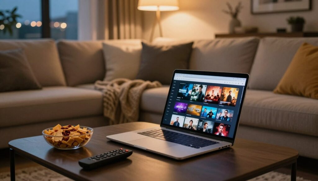 A cozy living room setup focused on a sleek laptop open to a modern streaming platform interface displaying generic movie thumbnails. In the foreground, a stylish coffee table with snacks and a remote control, suggesting a relaxed viewing atmosphere. The middle section features a comfortable sofa with a neatly arranged throw blanket and decorative pillows, inviting viewers to immerse themselves in the experience. In the background, warm ambient lighting creates a soft glow, enhancing the inviting mood. A large window reveals a softly lit evening outside, with city lights twinkling in the distance. The angle is a slightly elevated view, capturing the essence of leisure and enjoyment, emphasizing the comfort of streaming movies in a home environment.