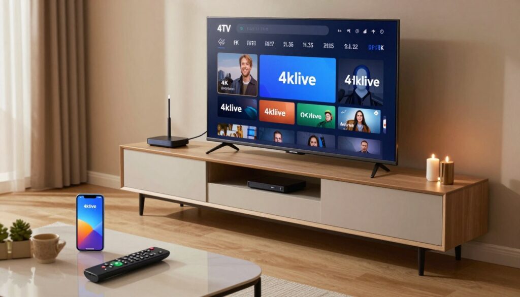 A cozy living room setup showcasing a sleek IPTV streaming service installation for "4klive" with a modern flat-screen 4K TV prominently displayed on a stylish entertainment unit. In the foreground, a user-friendly remote control lies next to an elegant coffee table, while a smartphone with the 4klive app is visible. In the middle, a high-quality HDMI cable connects the TV to a compact streaming device, emphasizing a seamless setup. The background features soft ambient lighting, creating a warm and inviting atmosphere, perfect for an immersive viewing experience. Capture the scene from a slightly elevated angle for depth, and ensure natural light filters in through a nearby window, enhancing the welcoming feel of the room.
