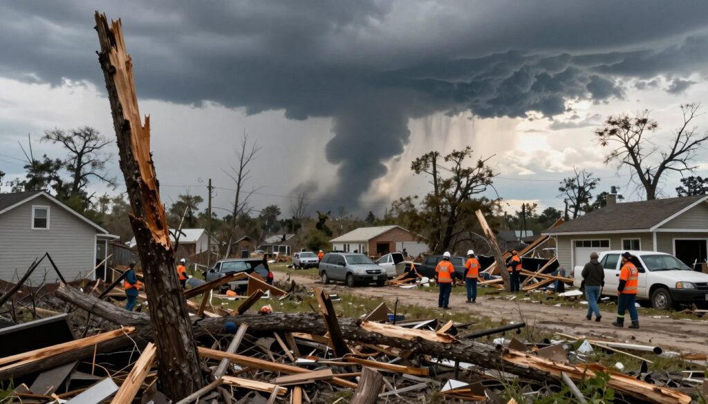 A devastated rural landscape after a tornado, showcasing the severe impact of nature's fury. In the foreground, splintered trees and damaged homes reveal the destruction, with debris scattered around. The middle ground features overturned vehicles and collapsed structures, while emergency professionals in modest casual clothing assess the scene, equipped with tools for restoration. In the background, a dark, swirling tornado cloud dissipates against a grey sky, hinting at the recent chaos. The lighting is moody, with sharp contrasts between shadows and the faint rays of sunlight breaking through the clouds, creating a somber yet hopeful atmosphere. The angle captures the depth of destruction and the resilience of communities in the face of natural disasters. A devastated rural landscape after a tornado, showcasing the severe impact of nature's fury. In the foreground, splintered trees and damaged homes reveal the destruction, with debris scattered around. The middle ground features overturned vehicles and collapsed structures, while emergency professionals in modest casual clothing assess the scene, equipped with tools for restoration. In the background, a dark, swirling tornado cloud dissipates against a grey sky, hinting at the recent chaos. The lighting is moody, with sharp contrasts between shadows and the faint rays of sunlight breaking through the clouds, creating a somber yet hopeful atmosphere. The angle captures the depth of destruction and the resilience of communities in the face of natural disasters.