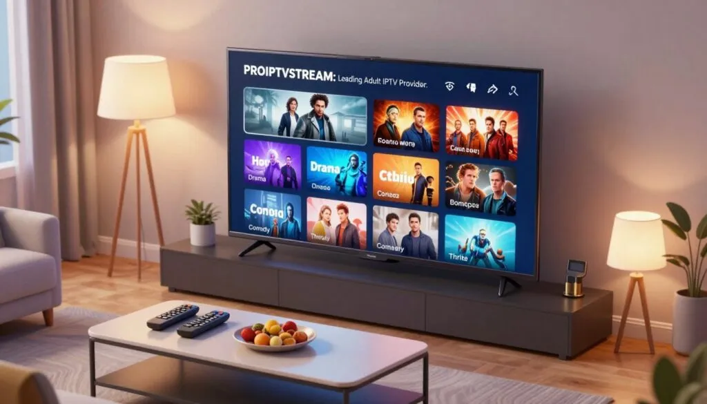 A digital illustration representing the concept of "PROIPTVSTREAM: Leading Adult IPTV Provider." In the foreground, a sleek modern living room with a large flat-screen TV displaying an array of vibrant streaming content thumbnails, featuring movie genres like "Drama," "Comedy," and "Thriller." In the middle, a stylish coffee table with remote controls and snacks, suggesting a cozy viewing experience. The background includes soft ambient lighting from floor lamps, creating a warm and inviting atmosphere. Use a slightly elevated angle to capture the room's layout, emphasizing the TV and its content. The overall mood is relaxed and inviting, perfect for an adult entertainment setting while remaining professional and tasteful.