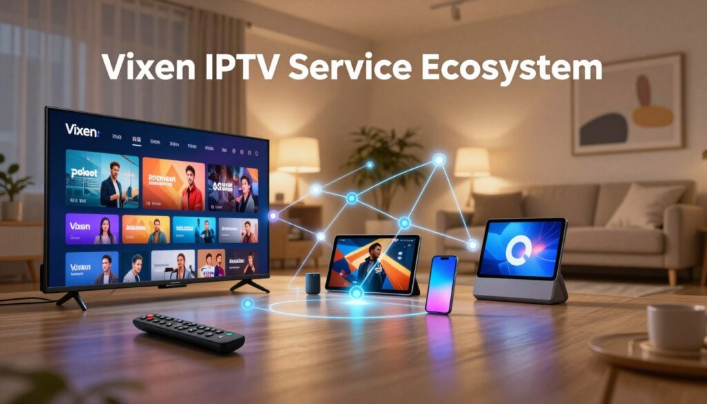 A dynamic and modern representation of the "Vixen IPTV Service Ecosystem," focusing on interconnected technology and user experience. In the foreground, showcase a sleek smart TV displaying vibrant streaming content, accompanied by a remote control and diverse devices like tablets and smartphones, all in vivid colors. In the middle, illustrate a digital network, symbolizing seamless connectivity, with glowing lines and nodes representing data flow between devices. The background features a cozy living room setting, softly illuminated by warm lighting, enhancing a welcoming atmosphere. Use a wide-angle lens for depth, capturing a sense of modern lifestyle embracing technology. The overall mood is engaging and inviting, reflecting the excitement of accessing endless entertainment through Vixen IPTV. A dynamic and modern representation of the "Vixen IPTV Service Ecosystem," focusing on interconnected technology and user experience. In the foreground, showcase a sleek smart TV displaying vibrant streaming content, accompanied by a remote control and diverse devices like tablets and smartphones, all in vivid colors. In the middle, illustrate a digital network, symbolizing seamless connectivity, with glowing lines and nodes representing data flow between devices. The background features a cozy living room setting, softly illuminated by warm lighting, enhancing a welcoming atmosphere. Use a wide-angle lens for depth, capturing a sense of modern lifestyle embracing technology. The overall mood is engaging and inviting, reflecting the excitement of accessing endless entertainment through Vixen IPTV.