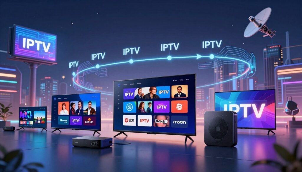 A dynamic and vivid visualization depicting the evolution of IPTV channels in the digital age. In the foreground, showcase sleek digital devices like smart TVs and streaming boxes, displaying various IPTV interfaces with colorful, diverse channel icons. The middle layer features a stylized timeline, illustrating the transition from traditional cable to modern streaming with graphical elements like arrows and circuit patterns. In the background, depict a futuristic cityscape with digital billboards and satellites, symbolizing connectivity and progress. Use soft, ambient lighting to create an inviting atmosphere, highlighting the devices with a gentle glow. A wide-angle view captures the entire scene, conveying a sense of excitement and innovation in streaming technology. The overall mood should be optimistic and forward-looking, emphasizing the rapid advancements in IPTV channels.