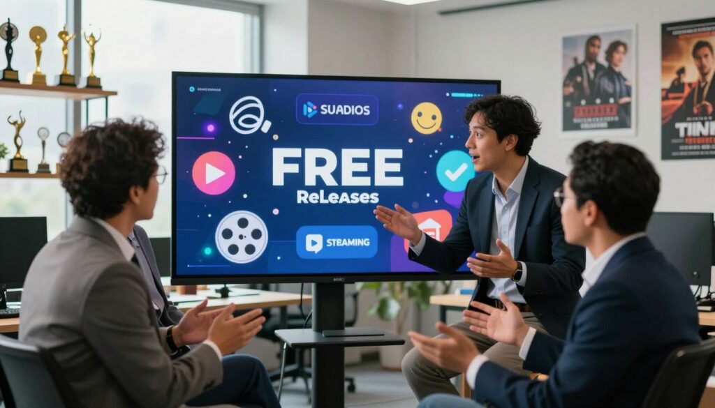 A dynamic modern office environment showcasing a team of diverse professionals collaborating around a large screen displaying stylized logos of major film studios. In the foreground, a group of three individuals (two men and one woman) dressed in professional business attire, engaging in an enthusiastic discussion. In the middle, the digital screen is filled with vibrant graphics highlighting the announcement of free content releases, featuring symbols of streaming platforms and movie reels. The background includes shelves adorned with film awards and posters of popular movies, emphasizing industry prestige. Soft, natural lighting filters through large windows, creating a positive and energetic atmosphere, with a slight depth of field focusing on the team while the background subtly blurs. The overall mood conveys excitement and innovation in entertainment.