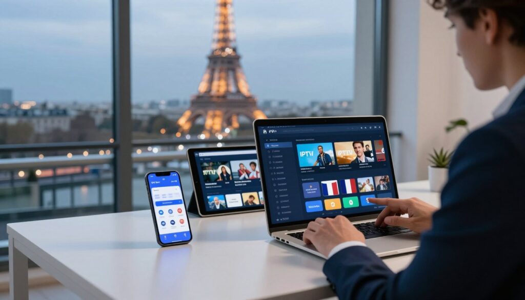 A dynamic scene depicting a modern digital workspace focused on IPTV in France. In the foreground, a professional-looking person dressed in business attire is analyzing streaming data on a sleek laptop, with IPTV interface elements visible on the screen. In the middle ground, an organized desk with a smartphone displaying various IPTV app logos and a tablet showing popular TV shows streaming in France. The background features a large window showcasing a view of Paris, with iconic landmarks like the Eiffel Tower softly illuminated in the evening light, casting a warm glow. The atmosphere is informative and innovative, with a color palette of blues and soft whites, suggesting a tech-savvy environment. Use soft lighting to create a welcoming but professional feel, with a slight focus blur on the background for depth. A dynamic scene depicting a modern digital workspace focused on IPTV in France. In the foreground, a professional-looking person dressed in business attire is analyzing streaming data on a sleek laptop, with IPTV interface elements visible on the screen. In the middle ground, an organized desk with a smartphone displaying various IPTV app logos and a tablet showing popular TV shows streaming in France. The background features a large window showcasing a view of Paris, with iconic landmarks like the Eiffel Tower softly illuminated in the evening light, casting a warm glow. The atmosphere is informative and innovative, with a color palette of blues and soft whites, suggesting a tech-savvy environment. Use soft lighting to create a welcoming but professional feel, with a slight focus blur on the background for depth.