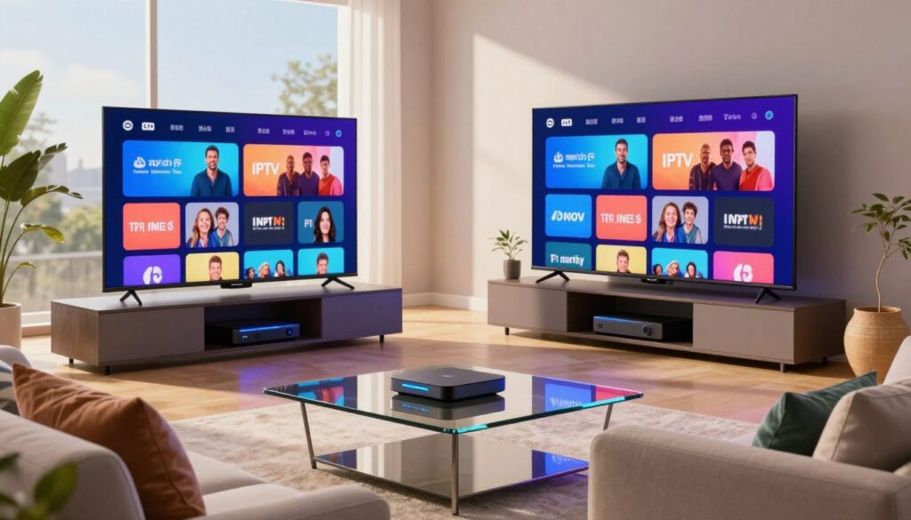 A futuristic living room setup that showcases a vibrant IPTV streaming experience. In the foreground, a sleek, modern television displays a colorful interface with streaming options. A comfortable sofa with plush throw pillows invites relaxation, and a remote control rests on a glass coffee table. In the middle ground, an entertainment unit holds high-tech devices, such as a streaming box, with glowing lights to indicate connectivity. The background features a large window with natural light streaming in, illuminating the space and creating a warm, inviting atmosphere. Soft shadows add depth, and the overall mood is cozy yet cutting-edge, reflecting innovations in streaming technology. Use bright, engaging colors to highlight the IPTV experience. A futuristic living room setup that showcases a vibrant IPTV streaming experience. In the foreground, a sleek, modern television displays a colorful interface with streaming options. A comfortable sofa with plush throw pillows invites relaxation, and a remote control rests on a glass coffee table. In the middle ground, an entertainment unit holds high-tech devices, such as a streaming box, with glowing lights to indicate connectivity. The background features a large window with natural light streaming in, illuminating the space and creating a warm, inviting atmosphere. Soft shadows add depth, and the overall mood is cozy yet cutting-edge, reflecting innovations in streaming technology. Use bright, engaging colors to highlight the IPTV experience.
