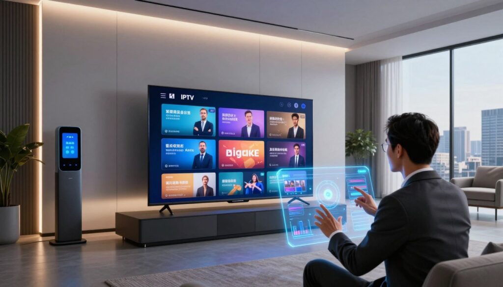 A futuristic scene showcasing advanced streaming technology, centered around a sleek, modern television displaying vibrant, high-resolution IPTV content. In the foreground, showcase a professional in business attire, interacting with a holographic interface that displays dynamic streaming options and analytics. The middle ground features a minimalist living room with smart devices seamlessly integrated into the decor, while stylish LED lighting casts a soft glow, enhancing the atmosphere. In the background, a city skyline can be seen through expansive windows, symbolizing connectivity and the digital age. The overall mood is innovative and inspiring, emphasizing the seamless blend of technology and entertainment. Use a wide-angle view to capture the essence of modern living and advanced capabilities.