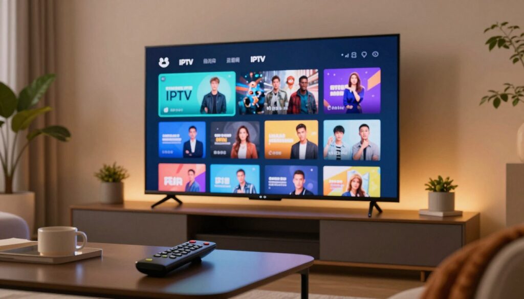 A high-tech living room environment showcasing a sleek, modern television displaying a vibrant IPTV content interface, highlighting the quality of video streaming. In the foreground, a remote control rests on a stylish coffee table, with a blurred view of a cozy couch setting. The middle layer features a high-definition screen, showcasing colorful thumbnails of various channels and content, with subtle indicators of streaming quality, like buffering icons and connection status. The background is softly lit, with warm ambient lighting creating a comfortable atmosphere, and plush decor elements like cushions and plants framing the scene. The angle is slightly elevated, providing a clear view of the screen while immersing the viewer in a premium streaming experience.