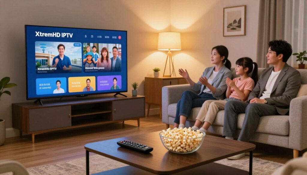 A high-tech living room setting showcasing a sleek, modern television displaying a vibrant interface of "XtremHD IPTV." In the foreground, a stylish coffee table with a remote control and popcorn. In the middle, a comfortable couch with a family dressed in professional business attire, engaged in watching their favorite shows. The background features a warm, inviting ambiance, with soft lighting from lamps, framed pictures, and plants providing a cozy atmosphere. The image captures excitement and engagement, emphasizing the user-friendly interface of the IPTV service. The angle is a slightly elevated view, focusing on both the family and the content on the screen, creating an inviting and immersive environment.