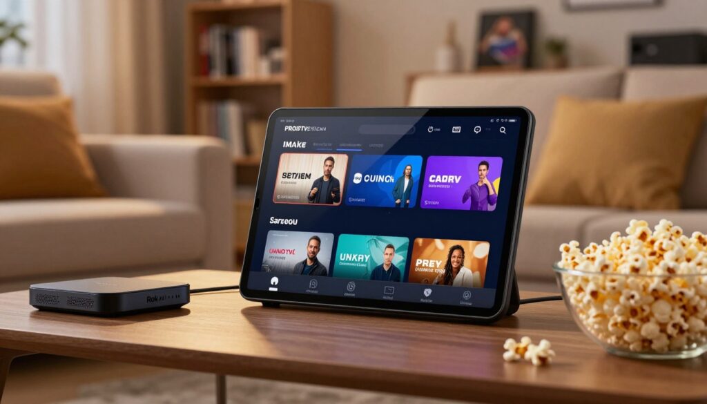A modern Roku streaming device prominently displayed in the foreground, showcasing the PROIPTVSTREAM interface on its screen, which features a sleek, user-friendly layout. Surrounding the Roku are various streaming essentials, such as a comfortable couch and a bowl of popcorn, creating a cozy home-viewing atmosphere. In the middle ground, a soft-lit living room is depicted, with warm ambient lighting that highlights the device, evoking an inviting feel. In the background, subtle hints of a contemporary decor with shelves filled with DVDs and collectibles can be seen. The overall mood is relaxed and casual, suggesting a perfect setting for streaming entertainment. The perspective is at eye level, focusing on the Roku device with a slight bokeh effect in the background to enhance the main subject.