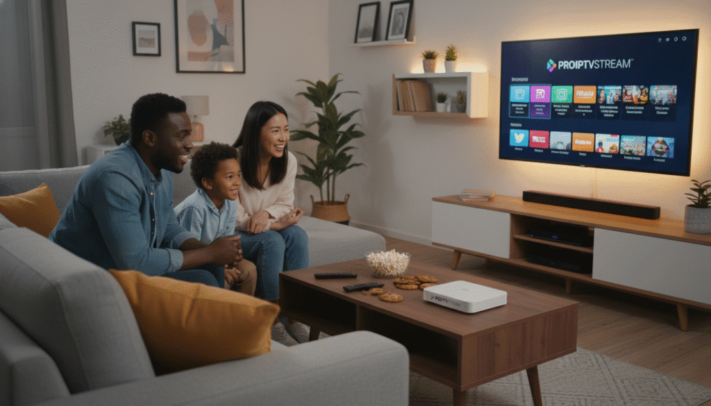 A modern and inviting living room scene showcasing a family gathered around a sleek television, watching IPTV content. In the foreground, a diverse group of three individuals, dressed in casual, yet neat clothing, express joy and engagement as they interact with the TV. The middle ground features a stylish entertainment center with a modern streaming device labeled "PROIPTVSTREAM," along with remote controls and snacks scattered on a coffee table. The background includes a warm, softly lit ambiance with decorative elements like plants and artwork, creating a cozy atmosphere. The lighting is bright but not harsh, reminiscent of a pleasant evening at home. The camera angle is slightly above eye level, focusing on the happy expressions and the vibrant screen, emphasizing the enjoyment of the IPTV experience. A modern and inviting living room scene showcasing a family gathered around a sleek television, watching IPTV content. In the foreground, a diverse group of three individuals, dressed in casual, yet neat clothing, express joy and engagement as they interact with the TV. The middle ground features a stylish entertainment center with a modern streaming device labeled "PROIPTVSTREAM," along with remote controls and snacks scattered on a coffee table. The background includes a warm, softly lit ambiance with decorative elements like plants and artwork, creating a cozy atmosphere. The lighting is bright but not harsh, reminiscent of a pleasant evening at home. The camera angle is slightly above eye level, focusing on the happy expressions and the vibrant screen, emphasizing the enjoyment of the IPTV experience.
