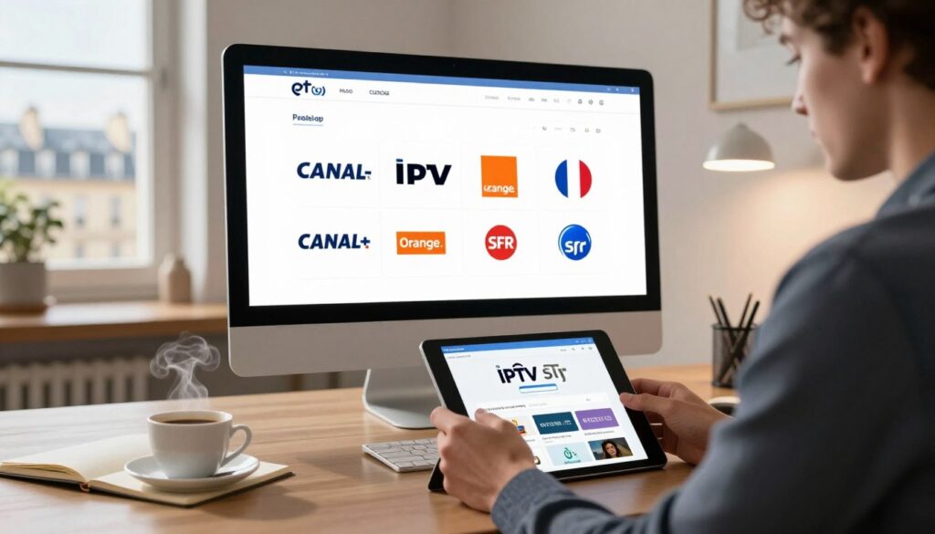 A modern and sleek digital workspace featuring a large computer screen displaying the logos of popular IPTV providers in France, such as Canal+, Orange, and SFR. In the foreground, a professional individual, dressed in smart casual attire, is intently reviewing IPTV services on a tablet, highlighting a focus on user satisfaction and ease of use. The middle ground includes a stylish desk with an open notebook and a steaming cup of coffee, conveying a productive atmosphere. In the background, soft ambient lighting creates a warm, inviting look, while a window shows a sunny day outside with a view of a French cityscape. The overall mood should feel engaging and informative, embodying the theme of the article about top streaming services. A modern and sleek digital workspace featuring a large computer screen displaying the logos of popular IPTV providers in France, such as Canal+, Orange, and SFR. In the foreground, a professional individual, dressed in smart casual attire, is intently reviewing IPTV services on a tablet, highlighting a focus on user satisfaction and ease of use. The middle ground includes a stylish desk with an open notebook and a steaming cup of coffee, conveying a productive atmosphere. In the background, soft ambient lighting creates a warm, inviting look, while a window shows a sunny day outside with a view of a French cityscape. The overall mood should feel engaging and informative, embodying the theme of the article about top streaming services.