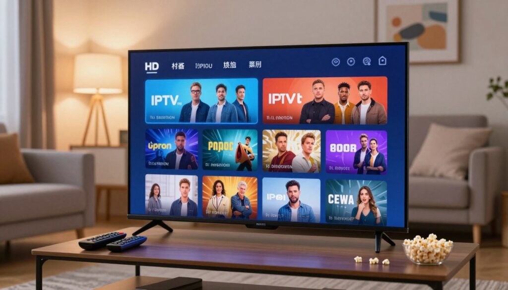 A modern and sleek interface of an HD streaming platform displayed on a flat-screen television, set against a cozy living room backdrop. In the foreground, the vibrant, user-friendly interface showcases colorful thumbnails of various IPTV content categories, highlighting the extensive library. In the middle, a stylish coffee table holds remote controls and popcorn, emphasizing a relaxed viewing experience. The background features soft, ambient lighting from lamps that create a warm atmosphere, with framed art and a comfortable sofa adding to the inviting scene. Capture the mood of excitement and ease that comes with the launch of an innovative service. Use a soft focus lens effect to give a dreamy quality, while keeping the overall image sharp and inviting, without any text or clutter.