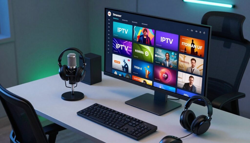 A modern and sleek professional streaming tool setup, prominently featuring a high-definition display showcasing an array of IPTV channels, vibrant colors, and dynamic visuals. In the foreground, a stylish desktop adorned with premium accessories, including a high-quality microphone and headphones, exudes a tech-savvy ambiance. The middle ground features an ergonomic chair, hinting at a comfortable streaming environment. The background displays soft ambient lighting, creating a cozy and inviting atmosphere enhanced by subtle blue and green hues. The scene is captured from a slight aerial angle to emphasize the sophistication of the equipment. The overall mood conveys innovation and connectivity, reflecting the evolution of digital entertainment in 2023.