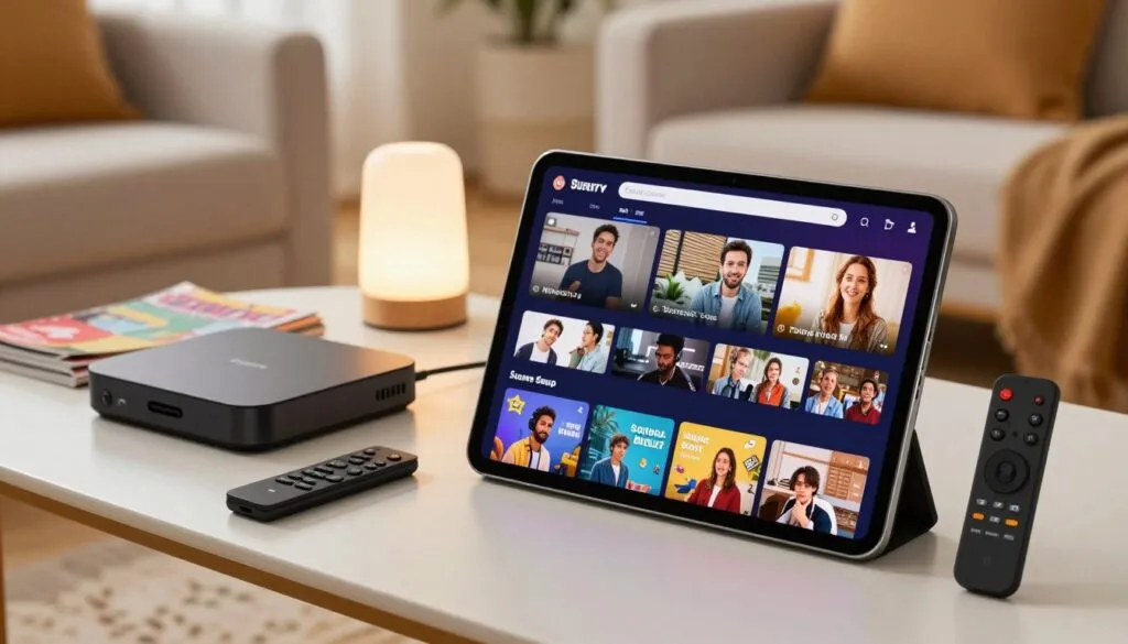 A modern digital streaming scene featuring a sleek tablet displaying a vibrant interface of a live cam service, surrounded by an array of gadgets like a streaming box and remote control. In the foreground, the tablet screen shows engaging visuals of various content categories. The middle ground includes a stylish coffee table adorned with colorful magazines and a subtle, glowing lamp. In the background, a cozy living room setup with soft seating and ambient light creates a welcoming atmosphere. Bright, warm tones emit a sense of excitement and comfort, inviting viewers to explore streaming options. The scene employs soft, natural lighting emphasizing the tablet's screen while keeping the room softly illuminated. The composition conveys a sense of modern entertainment and accessibility.