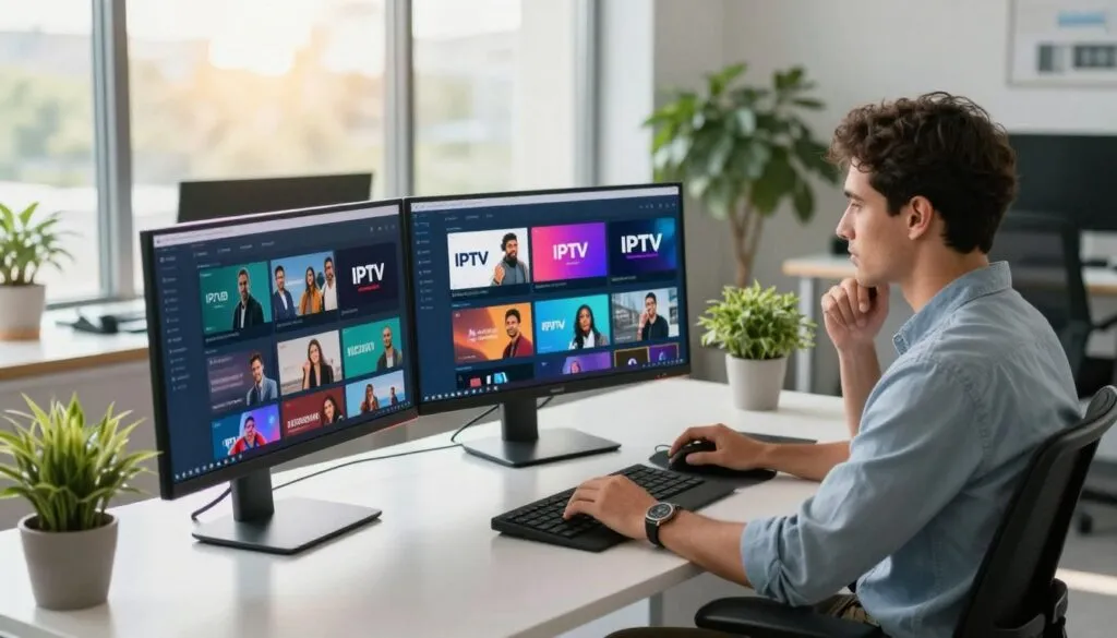 A modern digital workspace featuring a sleek ergonomic desk with multiple monitors displaying vibrant, colorful thumbnails of various IPTV providers, each showcasing distinctive logos in a professional manner. In the foreground, a confident professional in smart casual attire analyzes the screens, with a contemplative expression. The background features a contemporary office setting with panoramic windows, allowing warm, natural light to flood the room, creating a welcoming atmosphere. A few potted plants add a touch of greenery, while the overall color palette is fresh, with blues and greens dominating to evoke a sense of technology and connectivity. The angle should be slightly elevated, capturing the entire setup and emphasizing the blend of professionalism and the exciting world of streaming.