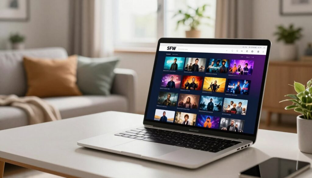A modern digital workspace featuring a sleek laptop on a stylish desk, showcasing a vibrant video streaming platform interface on the screen. In the foreground, the laptop displays a colorful array of thumbnails, representing various movie genres. The middle layer includes a cozy living room setting with plush cushions and soft lighting, evoking a relaxed atmosphere. The background features a window with soft, natural light streaming in, highlighting plant decor that adds freshness to the scene. The mood is inviting and comfortable, perfect for home entertainment. The image is shot from a slight angle at eye level, creating an engaging perspective, ensuring a professional and SFW vibe throughout the composition.