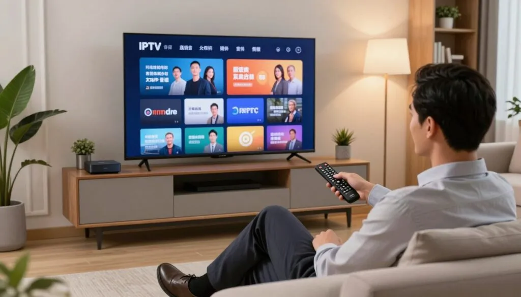 A modern home entertainment setting, featuring a stylish living room with a large flat-screen TV displaying vibrant streaming content. In the foreground, a professional-looking individual, dressed in business attire, is comfortably seated on a sleek sofa, happily using a remote control. The middle ground includes a sophisticated media console with various devices like a streaming box, emphasizing reliability and advanced technology. The background shows soft, ambient lighting, creating a cozy atmosphere with decorative elements such as indoor plants and bookshelves. The image captures a sense of seamless streaming enjoyment, reflecting a reliable IPTV service in a contemporary home environment.
