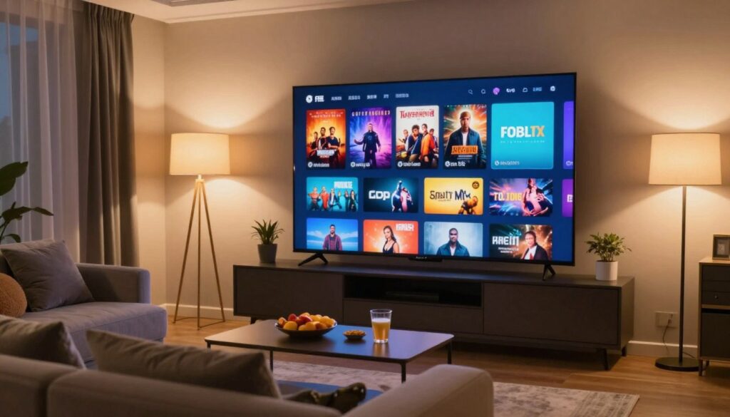 A modern home entertainment setup showcasing a large television screen displaying a vibrant, colorful interface of free movie streaming options. In the foreground, a comfortable sofa with plush cushions, inviting viewers to relax. The middle ground features a stylish coffee table with snacks and drinks, giving a cozy and casual ambiance. The background includes soft lighting from floor lamps and dimmed overhead lights, creating a warm and welcoming atmosphere. The focus is on the engaging digital content, with various movie posters subtly shown on the screen, portraying a sense of variety and excitement in adult entertainment. The scene is photographed from a slight angle, emphasizing the inviting living environment, with a lens that enhances the colors and provides a clear view of the streaming selection.