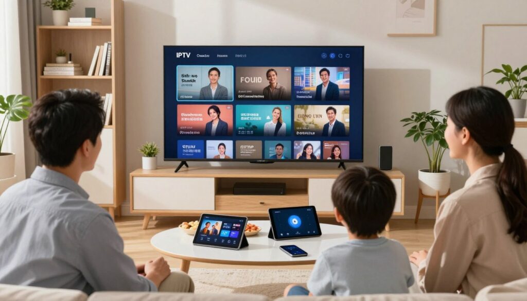A modern, inviting living room scene featuring a family enjoying IPTV services on a large flat-screen TV. In the foreground, depict two adults and a child, dressed in casual but professional clothing, engaged and smiling as they watch various streaming content. The middle layer includes a coffee table with snacks and smart devices like tablets and smartphones, emphasizing connectivity. In the background, cozy elements like a bookshelf and potted plants create a warm atmosphere. Soft, natural light streams in from a window, casting gentle shadows and enhancing the inviting feel. A subtle sense of innovation and comfort pervades the scene, illustrating the advantages of IPTV over traditional cable.