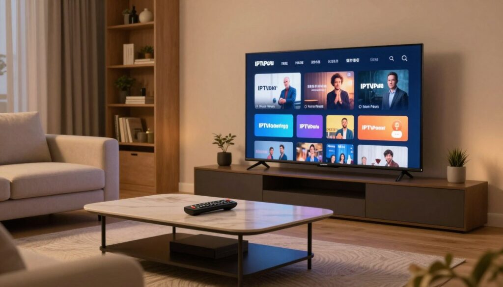 A modern living room featuring a Smart TV showcasing the IPTVPorn interface on the screen. The workspace is neatly organized with a stylish coffee table and comfortable seating, including a plush sofa. In the foreground, a remote control rests on the table, hinting at user interaction. In the middle ground, the TV displays a vibrant, visually appealing menu of channels and content options, illuminated by soft warm lighting that creates a cozy atmosphere. The background depicts a well-decorated space with a bookshelf and ambient lighting, enhancing the inviting mood of the scene. The angle captures a slight perspective view of the room, blending realism with a touch of creativity, ensuring a safe and professional representation suitable for a guide on setting up IPTV services.