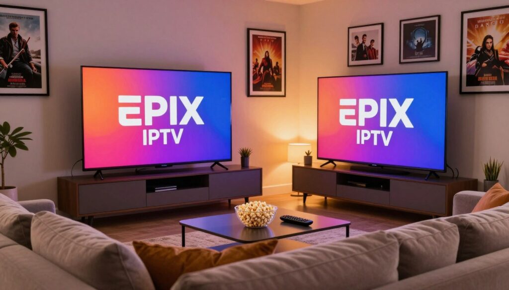 A modern living room featuring a sleek, large television displaying the vibrant EPIX IPTV logo, symbolizing a gateway to entertainment. In the foreground, a comfortable couch with plush cushions, elegantly arranged. In the middle, a stylish coffee table adorned with popcorn and a remote control, creating a cozy atmosphere for movie nights. The background showcases a tastefully decorated wall with a few framed movie posters and soft ambient lighting that creates a warm, inviting glow. The scene is captured from an inviting angle, emphasizing the connection between the viewer and the home entertainment experience. The overall mood is relaxed and engaging, evoking excitement for the endless streaming possibilities EPIX IPTV offers.