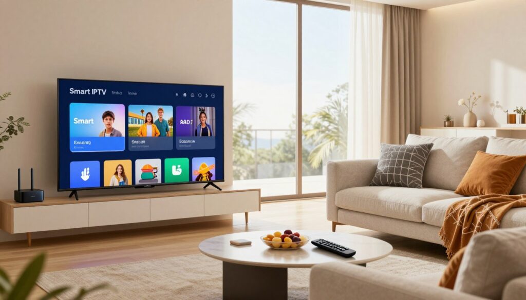 A modern living room featuring a sleek, ultra-high-definition TV displaying a vibrant Smart IPTV interface. In the foreground, a stylish coffee table with a remote control and snacks, inviting a cozy viewing experience. In the middle, a comfortable sofa adorned with decorative cushions, positioned for optimal viewing. A floor-to-ceiling window in the background floods the room with natural light, creating an uplifting atmosphere. Soft, warm lighting enhances the overall inviting vibe of the space. The color palette includes soothing neutrals with pops of color from decor elements. Add a subtle hint of technology with a wireless streaming device next to the TV. Capture the feeling of family engagement and entertainment, symbolizing the benefits of Smart IPTV in a modern household. A modern living room featuring a sleek, ultra-high-definition TV displaying a vibrant Smart IPTV interface. In the foreground, a stylish coffee table with a remote control and snacks, inviting a cozy viewing experience. In the middle, a comfortable sofa adorned with decorative cushions, positioned for optimal viewing. A floor-to-ceiling window in the background floods the room with natural light, creating an uplifting atmosphere. Soft, warm lighting enhances the overall inviting vibe of the space. The color palette includes soothing neutrals with pops of color from decor elements. Add a subtle hint of technology with a wireless streaming device next to the TV. Capture the feeling of family engagement and entertainment, symbolizing the benefits of Smart IPTV in a modern household.