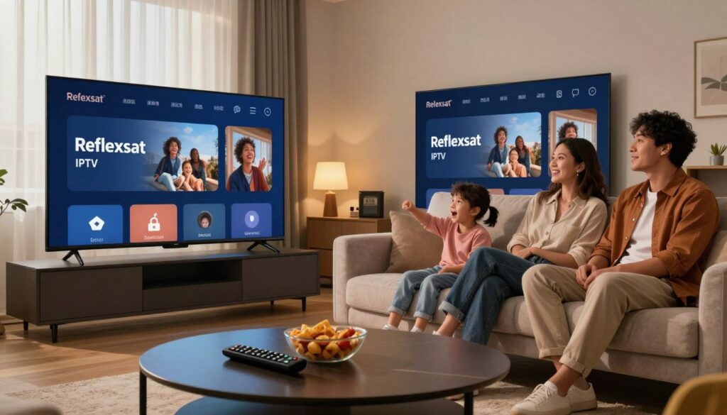 A modern living room scene featuring a sleek, flat-screen TV displaying a visually engaging interface of Reflexsat IPTV. In the foreground, a stylish coffee table with a remote control and snacks suggests a cozy viewing experience. The middle layer includes a comfortable sofa where a diverse group of people—two adults in smart casual attire, a child with a playful expression—are enjoying a movie together, fostering a sense of family and togetherness. The background showcases soft lighting that creates a warm atmosphere, while light streams in through large windows adorned with simple curtains. The angle should focus on both the TV and the family's joyful expressions, emphasizing the elevated viewing experience offered by Reflexsat IPTV. A modern living room scene featuring a sleek, flat-screen TV displaying a visually engaging interface of Reflexsat IPTV. In the foreground, a stylish coffee table with a remote control and snacks suggests a cozy viewing experience. The middle layer includes a comfortable sofa where a diverse group of people—two adults in smart casual attire, a child with a playful expression—are enjoying a movie together, fostering a sense of family and togetherness. The background showcases soft lighting that creates a warm atmosphere, while light streams in through large windows adorned with simple curtains. The angle should focus on both the TV and the family's joyful expressions, emphasizing the elevated viewing experience offered by Reflexsat IPTV.