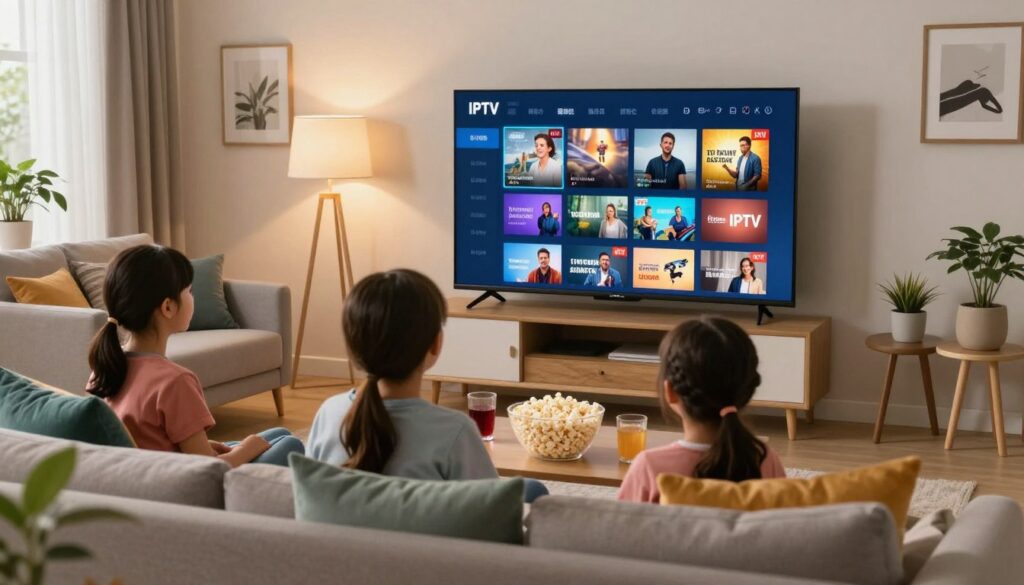 A modern living room scene showcasing the benefits of IPTV subscriptions. In the foreground, a cozy sofa adorned with colorful cushions, where a family of four is comfortably seated, engaging with a large, sleek flat-screen TV displaying a vibrant IPTV interface featuring various channel options. In the middle ground, stylish furniture and a coffee table stacked with popcorn and drinks create a warm atmosphere. The background hints at an inviting home with soft lighting emanating from strategically placed lamps, creating a relaxing ambiance. The room is decorated with framed art and plants, enhancing the feel of entertainment and leisure. The scene captures a sense of togetherness and enjoyment, emphasizing the convenience and variety offered by IPTV for family entertainment.