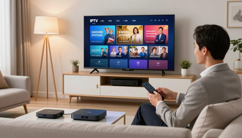 A modern living room scene with a large, sleek television displaying vibrant IPTV content, symbolizing advanced technology and entertainment. In the foreground, a friendly, professional-looking person in business attire is sitting on a stylish sofa, engaged with a smart remote, showcasing user interaction. The middle ground features a well-organized entertainment unit with a variety of digital devices like a streaming box and sound system. The background showcases a cozy atmosphere with soft, warm lighting from floor lamps, and tasteful decorations that create a welcoming home environment. The overall mood is inviting and sophisticated, emphasizing the ease and enjoyment of Smart IPTV in a residential setting, with a focus on modern technology. A modern living room scene with a large, sleek television displaying vibrant IPTV content, symbolizing advanced technology and entertainment. In the foreground, a friendly, professional-looking person in business attire is sitting on a stylish sofa, engaged with a smart remote, showcasing user interaction. The middle ground features a well-organized entertainment unit with a variety of digital devices like a streaming box and sound system. The background showcases a cozy atmosphere with soft, warm lighting from floor lamps, and tasteful decorations that create a welcoming home environment. The overall mood is inviting and sophisticated, emphasizing the ease and enjoyment of Smart IPTV in a residential setting, with a focus on modern technology.