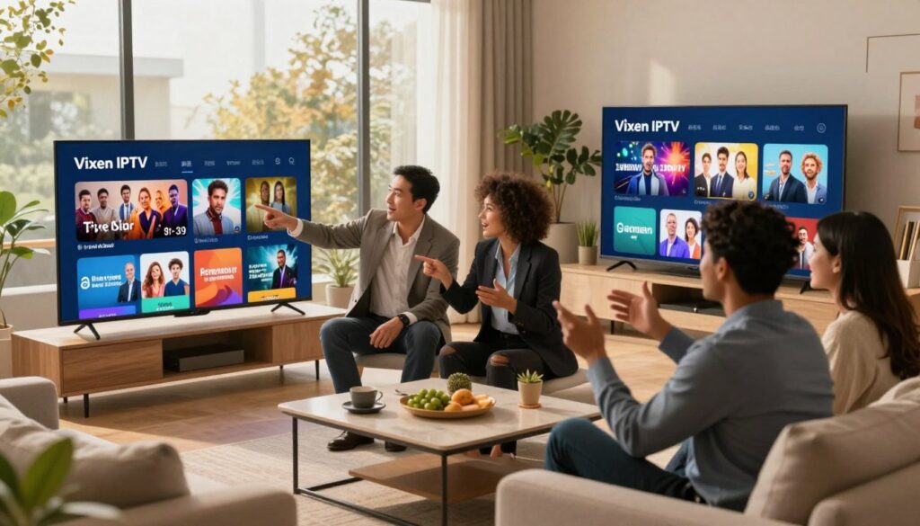 A modern living room setting as the foreground, featuring a sleek smart television displaying a vibrant interface of Vixen IPTV, with colorful thumbnails of various live TV channels. In the middle layer, a diverse group of three individuals in professional business attire are gathered around the coffee table, excitedly discussing and pointing at the TV screen, showcasing engagement and enthusiasm. In the background, large windows let in warm natural light, casting a welcoming glow throughout the room. Soft furnishings, plants, and contemporary decor create a cozy yet sophisticated atmosphere. The image should be taken from a slightly elevated angle, giving a complete view of the scene while maintaining a focus on the interaction. The overall mood is inviting and lively, representing the ease and joy of accessing endless entertainment through Vixen IPTV. A modern living room setting as the foreground, featuring a sleek smart television displaying a vibrant interface of Vixen IPTV, with colorful thumbnails of various live TV channels. In the middle layer, a diverse group of three individuals in professional business attire are gathered around the coffee table, excitedly discussing and pointing at the TV screen, showcasing engagement and enthusiasm. In the background, large windows let in warm natural light, casting a welcoming glow throughout the room. Soft furnishings, plants, and contemporary decor create a cozy yet sophisticated atmosphere. The image should be taken from a slightly elevated angle, giving a complete view of the scene while maintaining a focus on the interaction. The overall mood is inviting and lively, representing the ease and joy of accessing endless entertainment through Vixen IPTV.