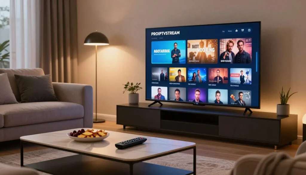 A modern living room setting, designed as a sleek entertainment space, features a large flat-screen TV displaying a sophisticated user interface with the title "PROIPTVSTREAM," showcasing a variety of adult programming options (non-explicit). In the foreground, a stylish coffee table is arranged with a remote control and snacks, evoking a cozy viewing experience. The middle ground captures plush sofas adorned with subtle, inviting colors. In the background, soft ambient lighting casts a warm glow throughout the room, enhancing the inviting atmosphere. The scene is viewed from a slightly angled perspective, giving depth and dimension. Overall, the composition should convey a sense of comfort and modern entertainment, reflecting professionalism and a premium viewing experience.