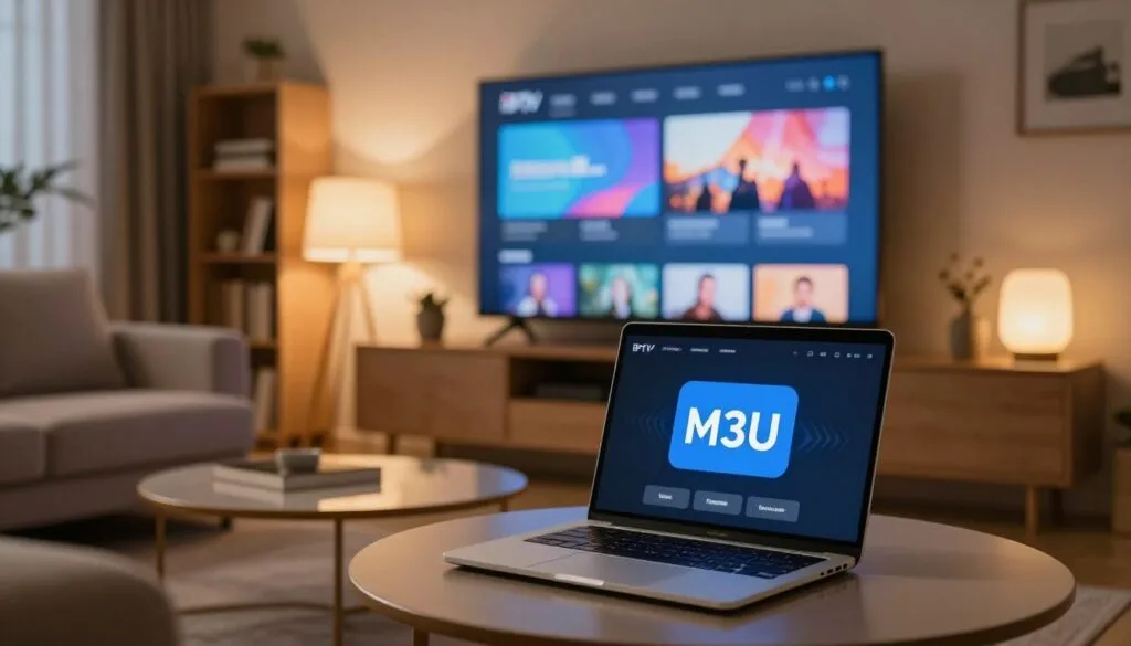 A modern living room setting featuring a comfortable sofa and a large flat-screen TV displaying an abstract digital interface for IPTV streaming. In the foreground, there's a sleek laptop open on a coffee table, showing an M3U playlist icon, symbolizing organization and easy access to content. The middle ground captures the inviting atmosphere, with warm ambient lighting coming from stylish lamps, creating a cozy yet professional space. In the background, bookshelves and modern décor add sophistication, hinting at a tech-savvy lifestyle. The overall mood is one of technological ease and comfort, emphasizing the seamless integration of IPTV for adult entertainment without any explicit content. Use a shallow depth of field to focus on the laptop and the abstract interface, with soft, warm lighting enhancing the inviting ambiance. A modern living room setting featuring a comfortable sofa and a large flat-screen TV displaying an abstract digital interface for IPTV streaming. In the foreground, there's a sleek laptop open on a coffee table, showing an M3U playlist icon, symbolizing organization and easy access to content. The middle ground captures the inviting atmosphere, with warm ambient lighting coming from stylish lamps, creating a cozy yet professional space. In the background, bookshelves and modern décor add sophistication, hinting at a tech-savvy lifestyle. The overall mood is one of technological ease and comfort, emphasizing the seamless integration of IPTV for adult entertainment without any explicit content. Use a shallow depth of field to focus on the laptop and the abstract interface, with soft, warm lighting enhancing the inviting ambiance.