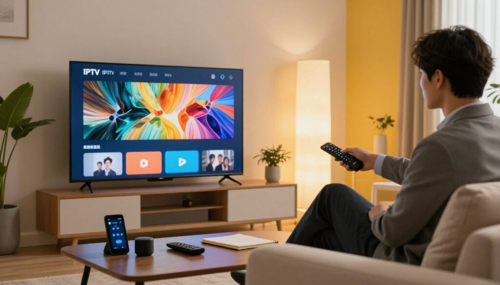 A modern living room setting featuring a sleek TV displaying abstract art and an interface of a premium IPTV streaming service. In the foreground, a stylish coffee table is adorned with smart devices, remote controls, and a notepad. In the middle ground, a person in professional business attire sits comfortably on a contemporary sofa, engaging with the TV using a remote. Soft, warm lighting emanates from floor lamps, creating a cozy atmosphere. The background reveals minimalist decor with potted plants and a vibrant wall color, enhancing the inviting mood. The scene captures the essence of home entertainment while focusing on premium streaming features, evoking a sense of security and quality.