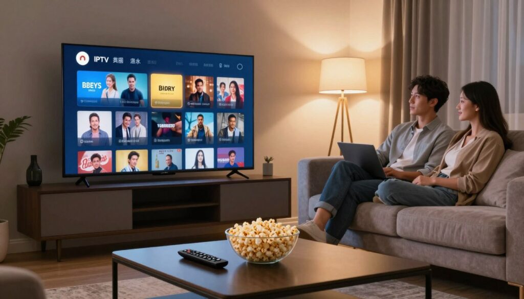 A modern living room setting featuring a sleek, high-end television displaying an IPTV interface filled with various adult channel icons, subtly highlighted. In the foreground, a stylish coffee table with a remote control and a bowl of popcorn creates a cozy atmosphere. The middle ground consists of a plush sofa with a couple of individuals, both dressed in casual yet professional attire, enjoying the viewing experience, depicting relaxation and engagement. The background shows softly lit ambient lighting from floor lamps, enhancing the inviting vibe. The scene captures a warm, intimate mood, emphasizing comfort and premium entertainment. Use a wide-angle lens to encompass the entire room, ensuring a clear focus on the TV and its content while maintaining a balanced and harmonious composition.