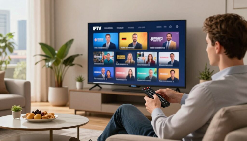 A modern living room setting featuring a sleek, ultra-HD television displaying a vibrant IPTV interface showcasing German television channels. In the foreground, a professional individual, dressed in smart casual attire, is comfortably seated on a stylish couch, interacting with a remote control. The middle ground should include decorative elements like indoor plants and a coffee table with snacks, creating a relaxed atmosphere. The background could depict a softly illuminated open window revealing a city skyline, suggesting an urban vibe. Warm, natural lighting filters in, enhancing the inviting feel of the room. The overall mood should convey a sense of enjoyment and modernity, reflecting the future of television entertainment in Germany. A modern living room setting featuring a sleek, ultra-HD television displaying a vibrant IPTV interface showcasing German television channels. In the foreground, a professional individual, dressed in smart casual attire, is comfortably seated on a stylish couch, interacting with a remote control. The middle ground should include decorative elements like indoor plants and a coffee table with snacks, creating a relaxed atmosphere. The background could depict a softly illuminated open window revealing a city skyline, suggesting an urban vibe. Warm, natural lighting filters in, enhancing the inviting feel of the room. The overall mood should convey a sense of enjoyment and modernity, reflecting the future of television entertainment in Germany.