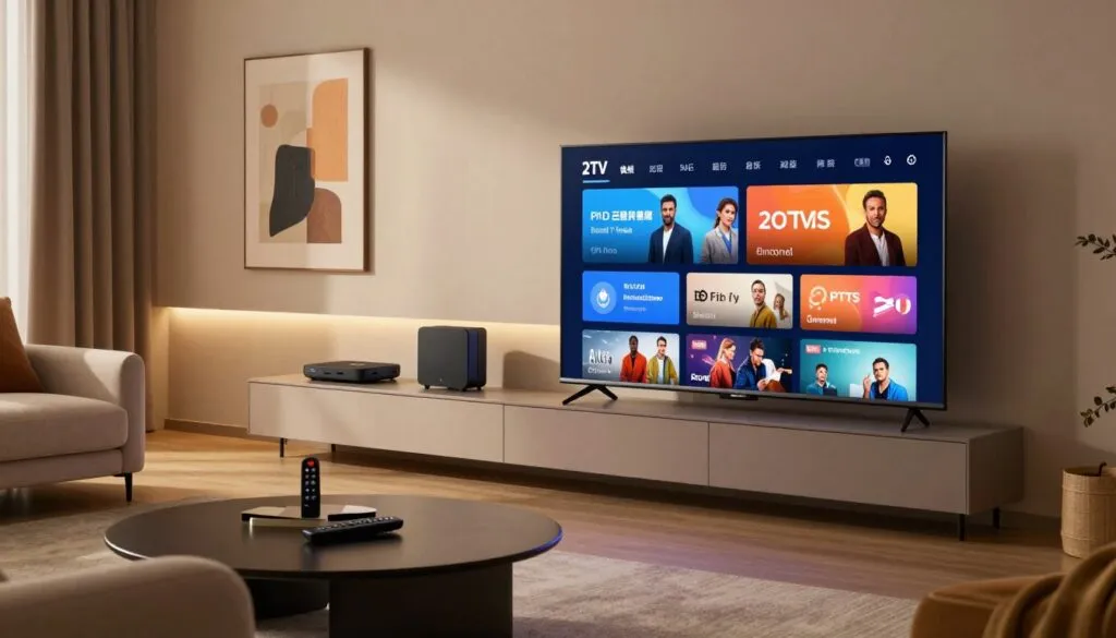 A modern living room setting featuring advanced technology for IPTV subscriptions. In the foreground, a sleek television displaying an intuitive user interface with vibrant content thumbnails, surrounded by elegant furniture and soft lighting. The middle layer shows a stylish media console with various streaming devices and remote controls neatly arranged. In the background, a softly illuminated wall adorned with contemporary art, enhancing the atmosphere of a cozy yet high-tech environment. The scene is captured with a wide-angle lens to emphasize depth, while the warm lighting creates an inviting ambiance. The overall mood conveys innovation, comfort, and sophistication in adult entertainment technology for 2026.