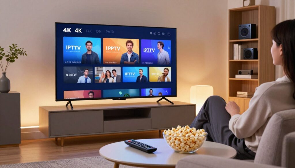 A modern living room setting showcasing a sleek 4K television displaying vibrant IPTV streaming content. In the foreground, a stylish coffee table features a remote control and a bowl of popcorn, conveying a cozy atmosphere. The middle ground includes a plush sofa with a person dressed in professional business attire, sitting back and enjoying the crystal-clear streaming experience. The background offers a well-lit environment, with soft, ambient lighting that highlights the contemporary decor and a nearby bookshelf filled with tech gadgets. The image captures a warm, inviting mood, emphasizing the excitement and innovation of premium 4K IPTV streaming, with a focus on clarity, detail, and modern lifestyle elements. A modern living room setting showcasing a sleek 4K television displaying vibrant IPTV streaming content. In the foreground, a stylish coffee table features a remote control and a bowl of popcorn, conveying a cozy atmosphere. The middle ground includes a plush sofa with a person dressed in professional business attire, sitting back and enjoying the crystal-clear streaming experience. The background offers a well-lit environment, with soft, ambient lighting that highlights the contemporary decor and a nearby bookshelf filled with tech gadgets. The image captures a warm, inviting mood, emphasizing the excitement and innovation of premium 4K IPTV streaming, with a focus on clarity, detail, and modern lifestyle elements.
