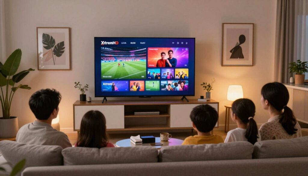 A modern living room setting showcasing a sleek flat-screen TV displaying vibrant and dynamic IPTV content, with a family comfortably sitting on a stylish, contemporary couch. In the foreground, the TV screen glows with colorful visuals of live sports and movies, emphasizing the variety of programming available. The centerpiece of the room is the TV, framed by elegant furniture. Around the room, soft ambient lighting casts a warm glow, creating a welcoming atmosphere. The background features tasteful wall art and indoor plants, enhancing the cozy vibe. The scene suggests a sense of excitement and convenience, ideal for enjoying an immersive viewing experience. The image conveys a professional yet relaxed mood, highlighting the pleasure of streaming with XtremHD IPTV in the USA.