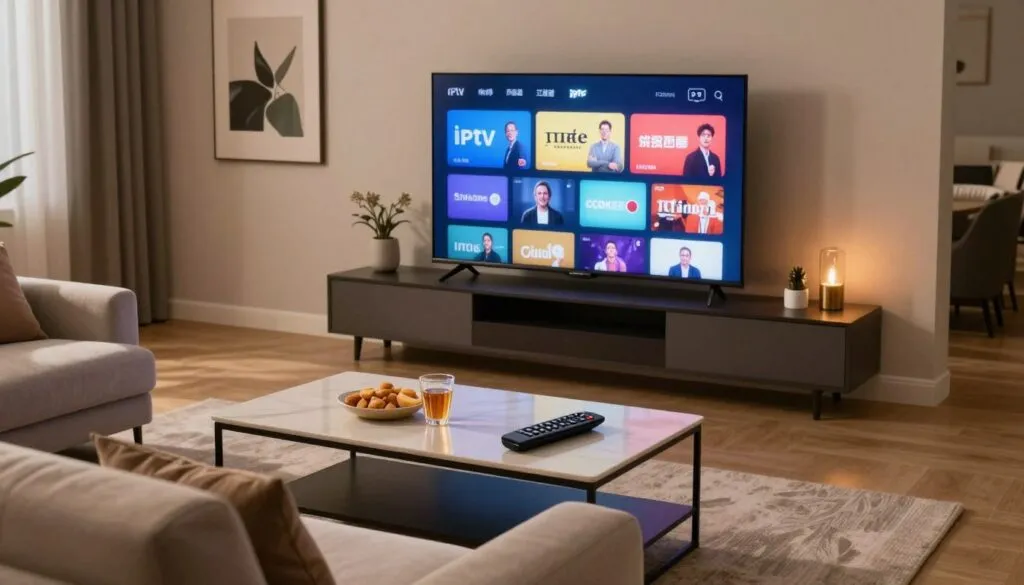 A modern living room setting, showcasing a sleek flat-screen television with a glowing screen displaying colorful IPTV channel options. In the foreground, a comfortable sofa with plush cushions invites relaxation, while stylish decor elements like a coffee table with snacks and drinks enhance the ambience. In the middle, a remote control is casually placed on the table, drawing attention to the convenience of home entertainment. The background features soft ambient lighting creating a cozy atmosphere, with elegant artwork on the walls. The scene is captured from a slightly elevated angle, emphasizing the inviting space suitable for both leisure and social gatherings. Aim for a warm, inviting mood that highlights the enjoyment of premium streaming services in a tasteful, sophisticated environment.