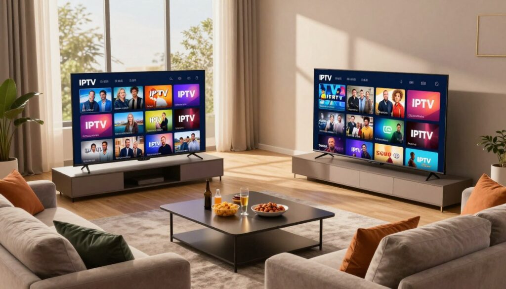 A modern living room setting showcasing the diversity of German IPTV channels. In the foreground, a sleek flat-screen TV displays an inviting menu with vibrant thumbnails of various IPTV channels, highlighting news, sports, and entertainment options. In the middle, a stylish coffee table features snacks and drinks, suggesting a cozy viewing experience. The background includes large windows with natural light streaming in, enhancing the warm and inviting atmosphere. Soft lighting accentuates the room, casting gentle shadows. A plush sofa sits comfortably arranged facing the TV, decorated with colorful pillows. The mood is relaxed and enjoyable, inviting viewers to experience the richness of German IPTV offerings. The image is captured from a slightly elevated angle to provide a comprehensive view of the room and its elements. A modern living room setting showcasing the diversity of German IPTV channels. In the foreground, a sleek flat-screen TV displays an inviting menu with vibrant thumbnails of various IPTV channels, highlighting news, sports, and entertainment options. In the middle, a stylish coffee table features snacks and drinks, suggesting a cozy viewing experience. The background includes large windows with natural light streaming in, enhancing the warm and inviting atmosphere. Soft lighting accentuates the room, casting gentle shadows. A plush sofa sits comfortably arranged facing the TV, decorated with colorful pillows. The mood is relaxed and enjoyable, inviting viewers to experience the richness of German IPTV offerings. The image is captured from a slightly elevated angle to provide a comprehensive view of the room and its elements.